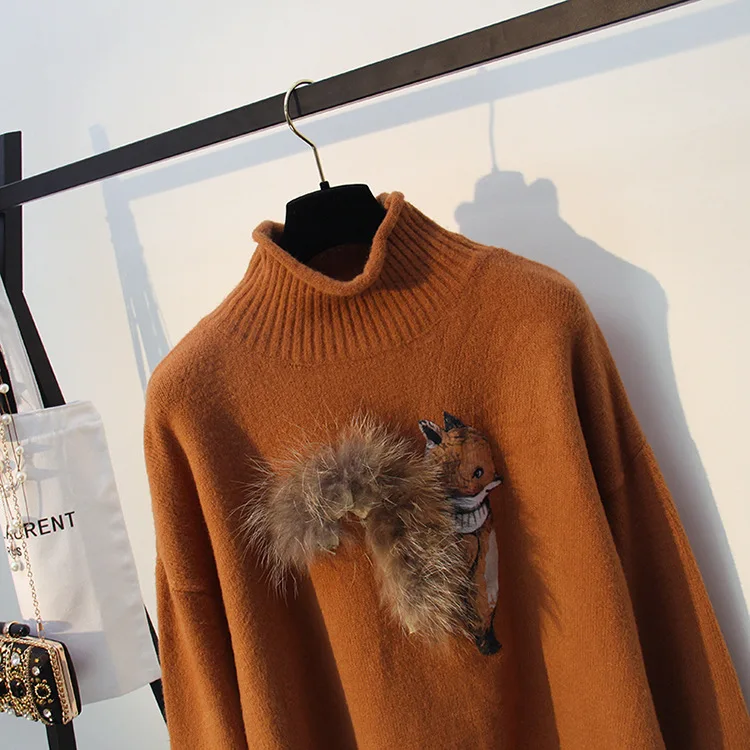 Осень-зима, женский корейский свитер с высоким воротом, пуловер, женский свитер с рисунком белки из мультфильма, вязаный джемпер с высоким воротом, Осенние вязаные топы