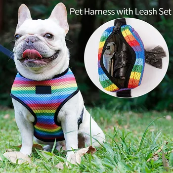 

Pet Dog Harness with Leash Set Small Medium Dog Rainbow Striped Harness Vest Leash with Poop Bag Soft Mesh Breathable Harness #