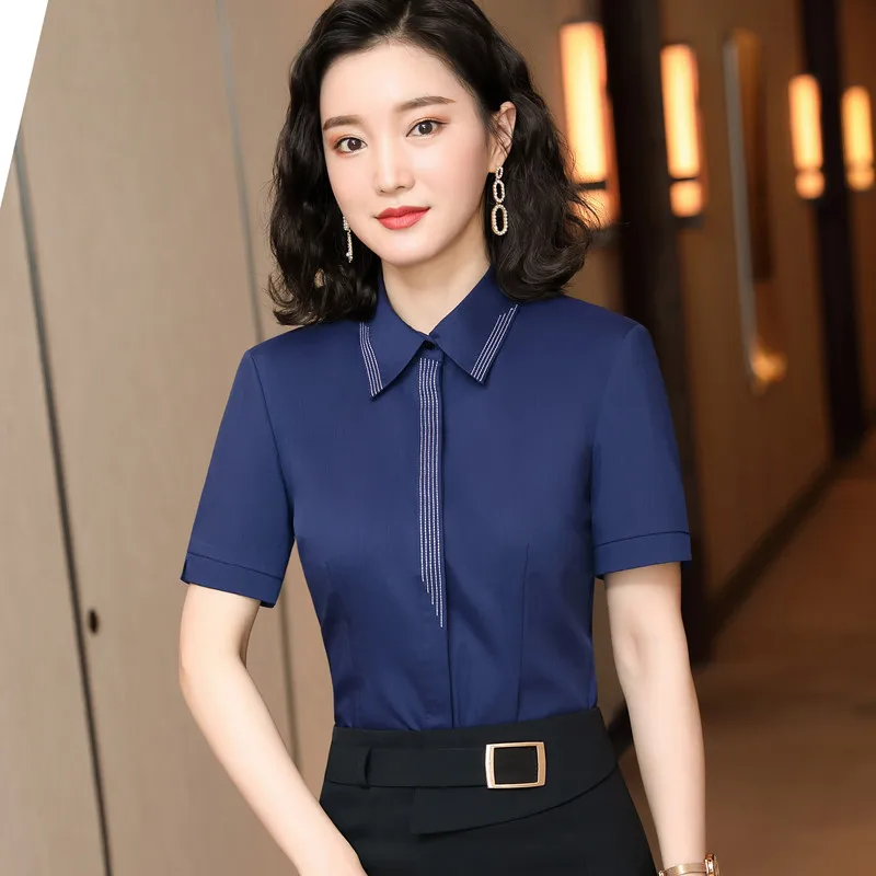 Navy Blue Short Sleeve Shirt Women New 2022 Summer Fashion Temperament  Formal Chiffon Blouses Office Ladies Work Tops - Women Shirt - AliExpress