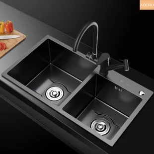 Кухонные раковины 75*40 см из нержавеющей стали черный нано кухонная Двойная Раковина Диспенсер для мыла сливная корзина без крана