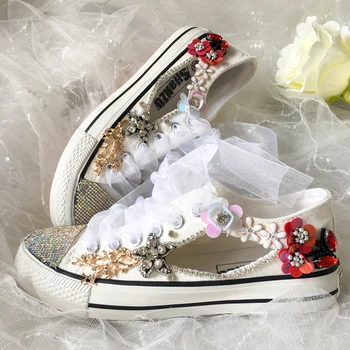

Gilrs Flats Canvas Design Shoes Parent Child Wears Shoes Customize Personalized Make Flowers Stones Bright Bling Slippers