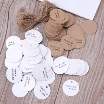 

100Pcs Round Kraft Paper Handmade with Love Strung Tags Logo Price Marking Label