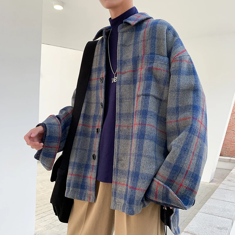 

2019 Men's Lattice Printing Woolen Blends Overcoat Loose Cashmere Wool Jacket Trench Coat Khaki/blue Color Windbreaker S-XL