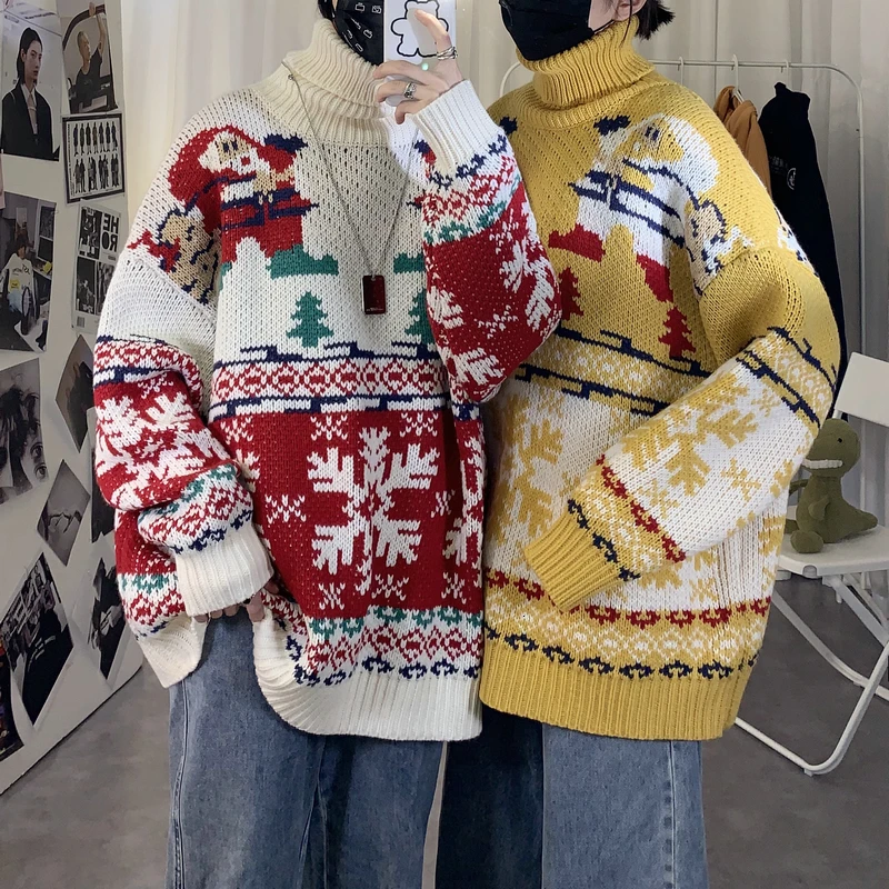 

2019 Autumn And Winter New Christmas Series Thick Warm Sweater Fashion Casual Couple Turtleneck Pullover White / Red / Yellow