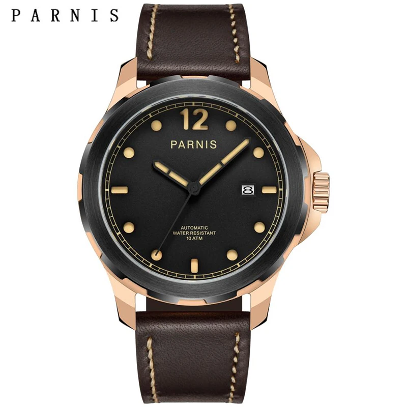 

Parnis 44mm Mens Mechanical Watches Military Watch Men Automatic Wrist Watch Sapphire Auto Date Brown Genuine Leather Watchband