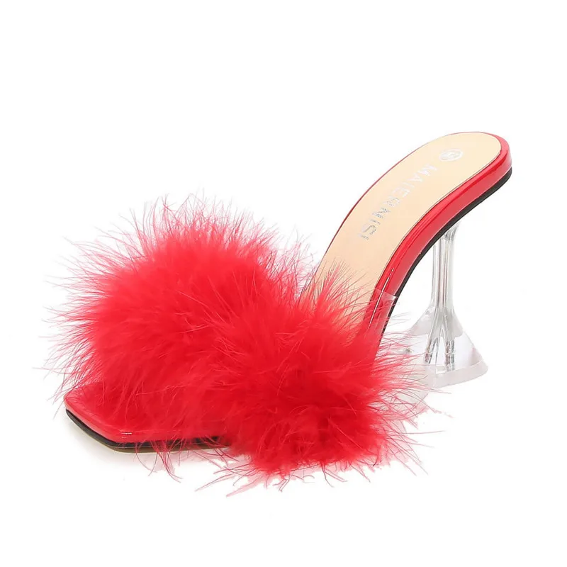 MAIERNISI-zapatos de tacón alto de PVC para mujer, calzado transparente con punta abierta, de plumas, de cristal, para verano