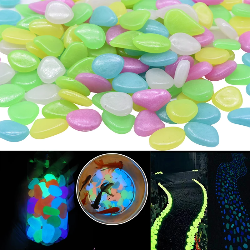 50Pcs/Pack Glow in the Dark Garden Pebbles for Walkways & Aquarium Decor and Plants Luminous Stones in Blue/Green/White/Yellow