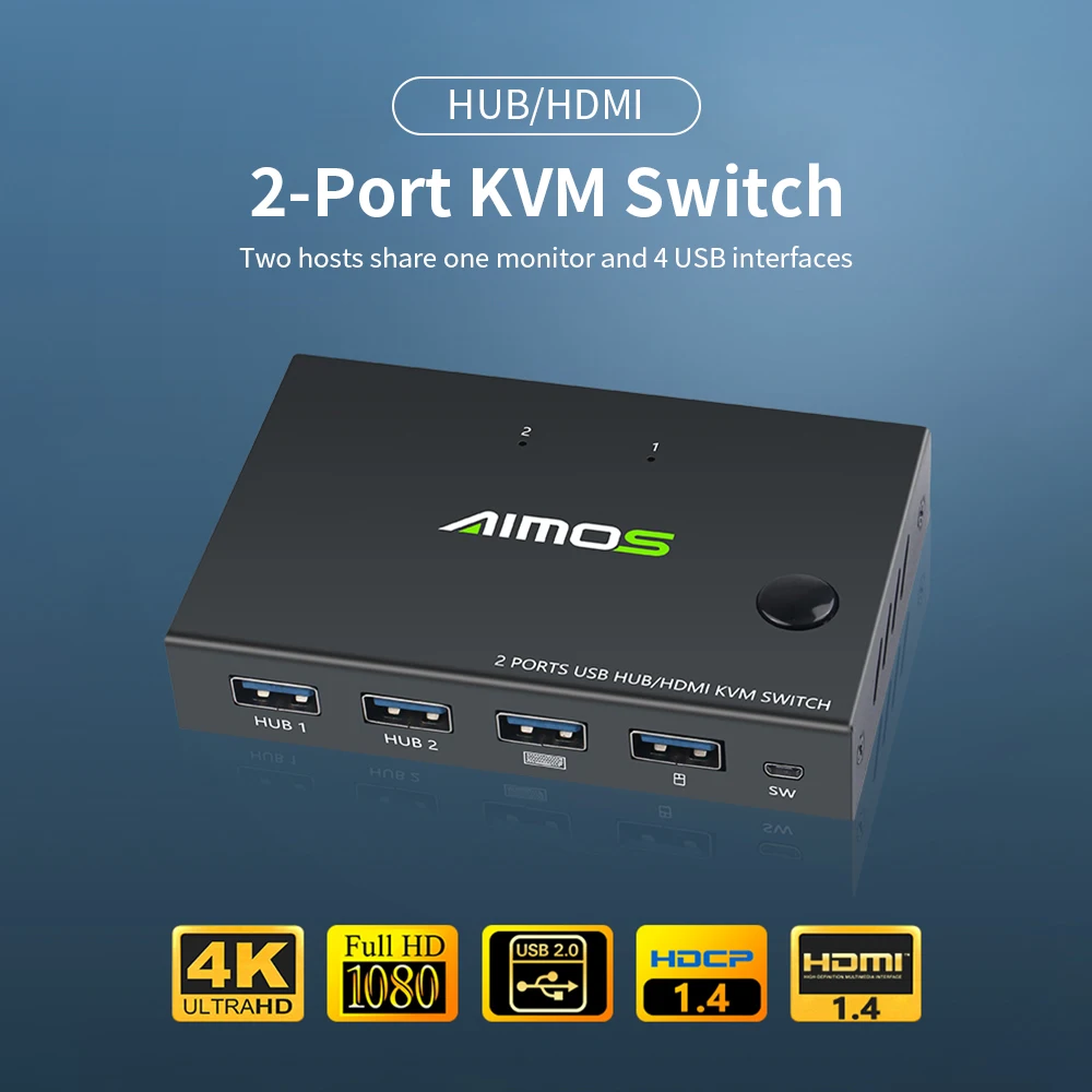 Aimos-divisor de Interruptor Compartilhado em U-disk Hdmi com 2 Divisor de 10gbps Usb para Impressora de Mouse e Teclado Portas Switch Kvm 1 Aimos-divisor de interruptor hdmi com 2 portas