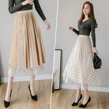 Двусторонняя Тюлевая бархатная юбка женская мода весна осень элегантный в горошек длинная юбка Женская высокая талия плиссированная миди юбка