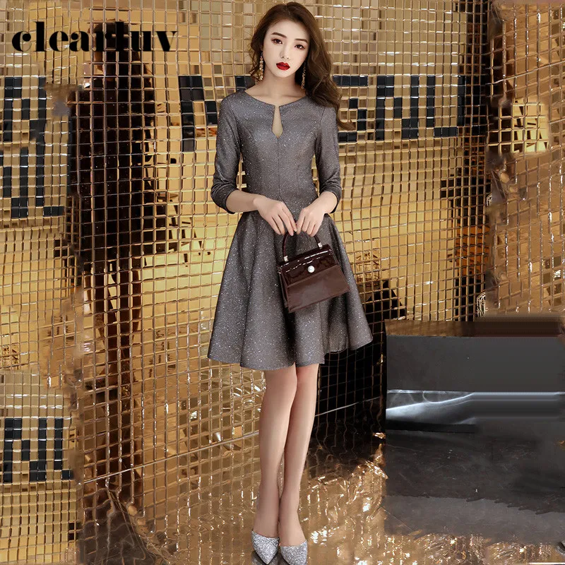 

A-Line Women Party Dresses R212 Silver Gray Robe De Soiree O-Neck Zipper Formal Evening Gown Three Quarter Sleeve Vestidos
