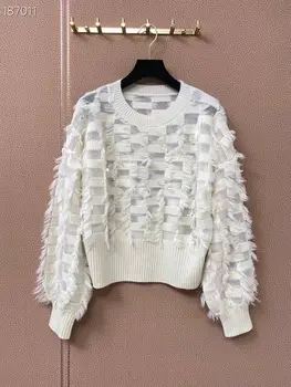 

Knit Sweaters Women Feather Perspective Long Sleeves White / Black Pullover Sweater Top Autumn Winter Clothes Women