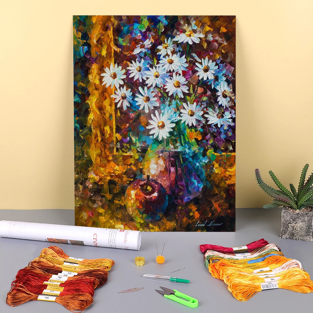 White Flowers Printed WaterSoluble Canvas 11CT Cross Stitch Embroidery Complete Kit DMC Threads