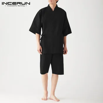 

INCERUN Mens Nightwear Suits Leisure Pajamas Sets Cotton Solid Color Lace Up Half Sleeve V Neck Blouse Casual Shorts Sleepwear