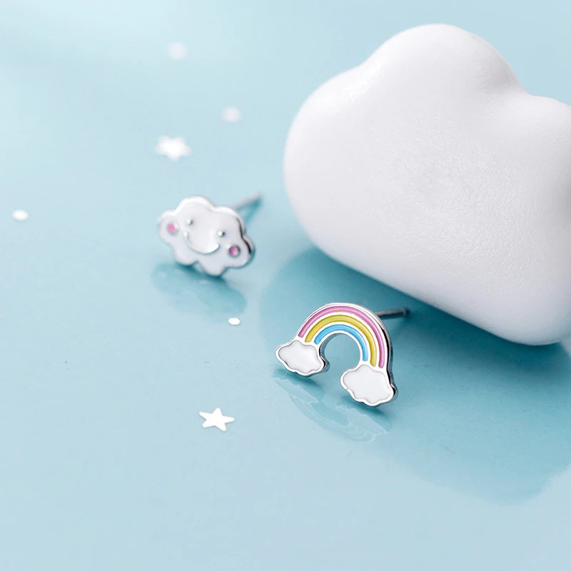 

925 Sterling Silver Fashion Pierced Earrings Cute Asymmetric Smile Cloud Rainbow Stud Earrings For Women Girls Kids Jewelry