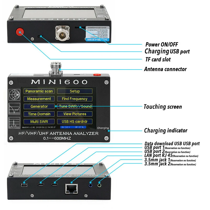 Mini600 анализатор антенны сенсорный экран 0,1-600 МГц HF VHF Любительская рация SWR 5 V/1.5A для радио NE