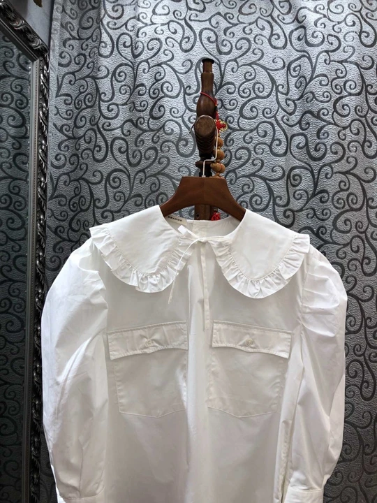 awn new women's Ruffle Lapel decoration solid color long sleeve versatile top 1013