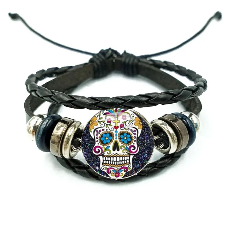 Mexican Colorful Flower Sugar Skull Cabochon Leather Bracelets Multi Layers Weave Handmade Punk Black Charm Bracelets for Unisex