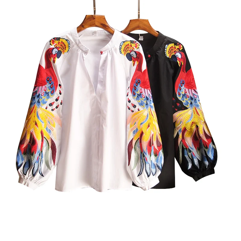 Spring and Summer Cotton Causal Shirts Embroidered Long-sleeved Shirts Woman Full Button Print O-Neck lantern Sleeve