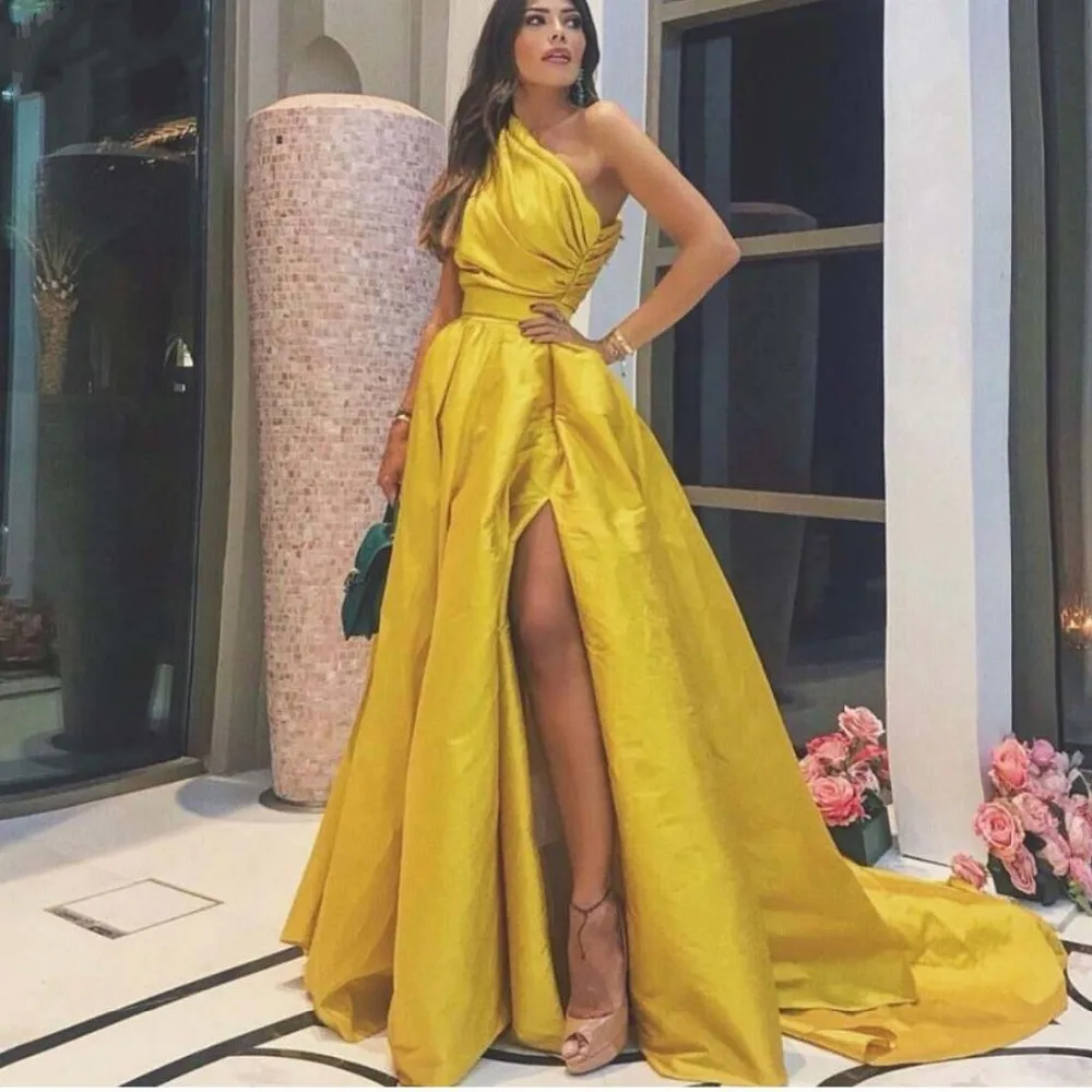 

Vestido de festa longo Elegant Evening Dresses a line abiye Custom made Gold Formal Dress Pleats Sleeves robe de soiree