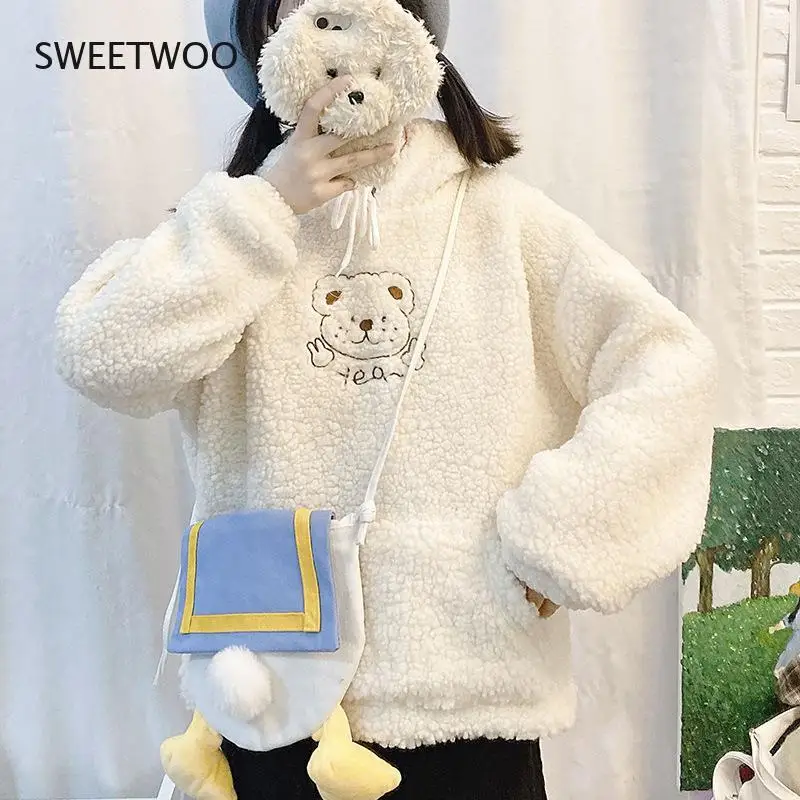 Kawaii Hoodies Women Winter 2021 Fashion Embroidery Funny Print Pullover Long Sleeve Cute Tops Casual Women Sweatshirt