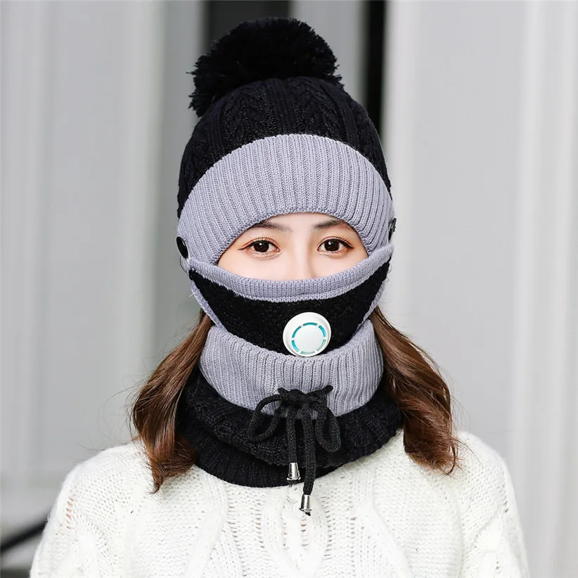 Winter Knit Set Women Girls Patchwork Ball Hat Skullies Beanies Lace-up Scarf O Ring Face Mask Woman Ski Cap 9108