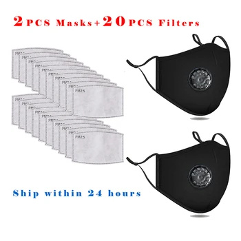 

20 filters and 2 masks Washable Reusable Anti Pollution Black Masks