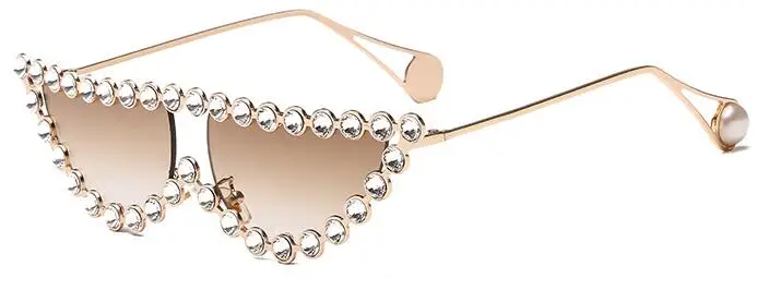 Мода горный хрусталь оправа «кошачий глаз» солнцезащитные очки металлические прозрачные линзы Роскошные Брендовые женские винтажные треугольные Оттенки для женщин UV400 - Цвет линз: gold gradient tea