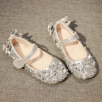 

2020 Spring Girls Leather Shoes For Children's Fashion Princess Bow Sequin Casual Shoes Girls Soft Bottom Flowers Princess Shoes