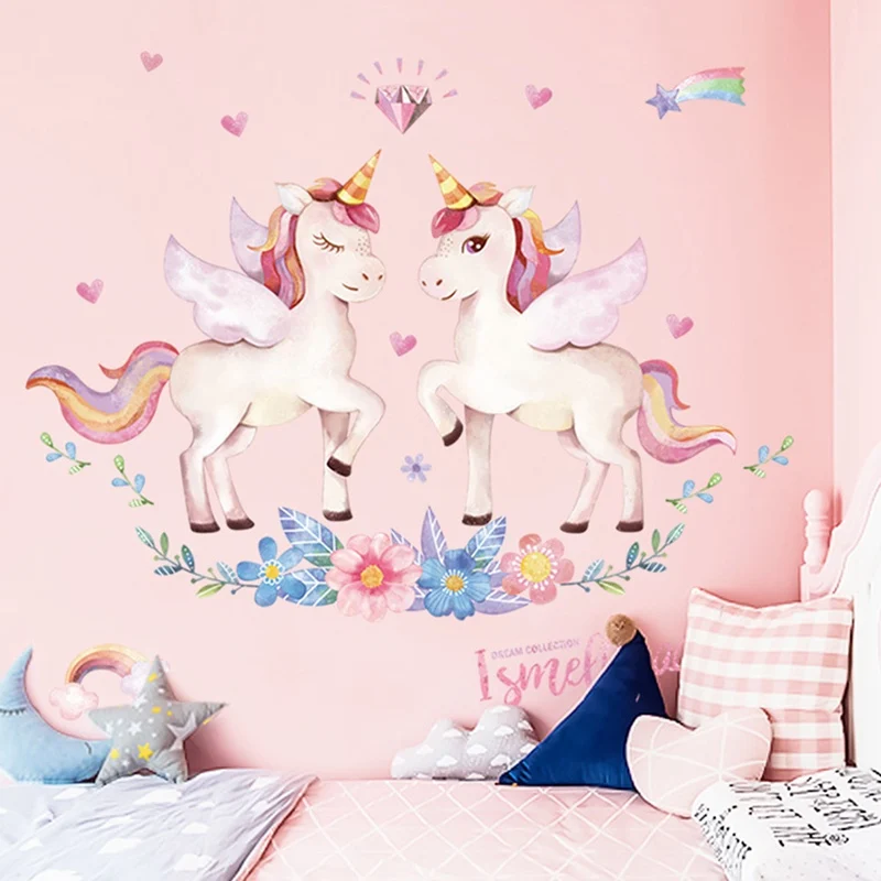 Милый единорог, фламинго, настенные наклейки для детской комнаты, для девочек, для украшения спальни, сделай сам, плакат, мультфильм, животные, обои, наклейки на стену