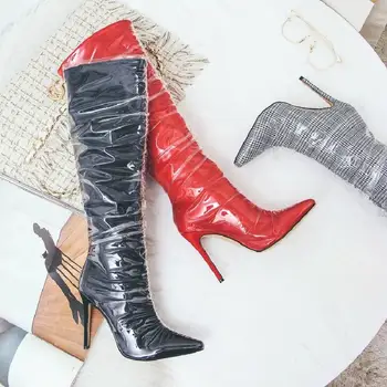 

2018 New Woman Boots High Heel Fashion PVC Designer Knee-high Pointed Toe Boots Long Lady Botas Shoes Euro Size 43 Zapatos Mujer