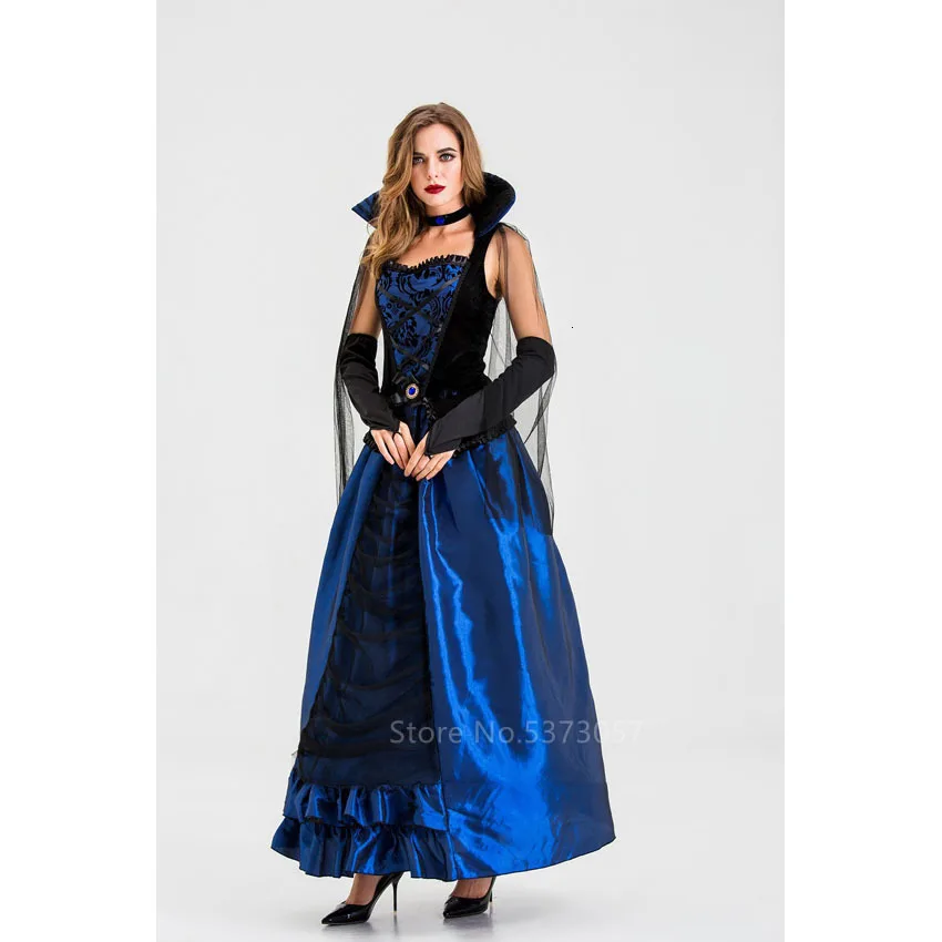 Halloween Scary Cosplay Costume for Women Carnival Party Medieval Fancy Gothic Vampire Witch Lace Ruffle Standing Collar Dress