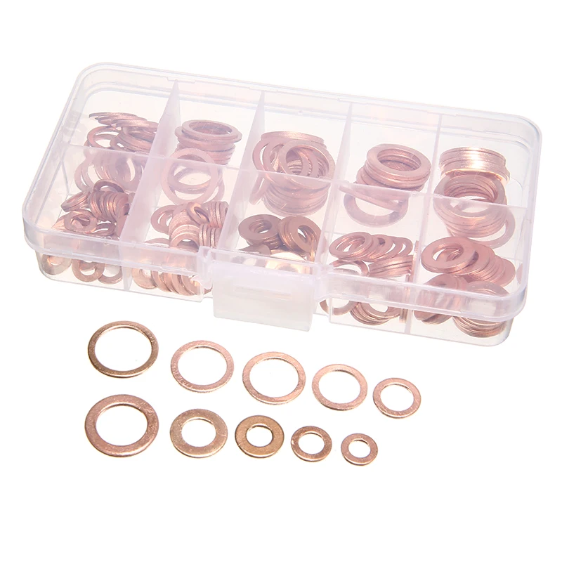 200pcs M5-M14 Solid O Ring Shape Copper Washer Gasket Seal Flat Ring Fuel Hydraulic Fittings Set Accessories