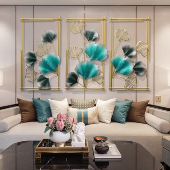 

CHINESE LUXURY WROUGHT IRON WALL HANGING GREEN GINKGO LEAF HOME LIVINGROOM WALL STICKER DECORATION HOTEL PORCH WALL MURAL CRAFTS