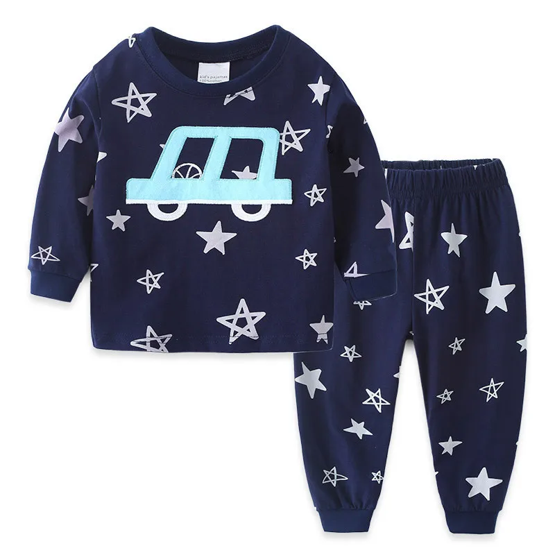 Весенне-осенняя хлопковая одежда для сна с длинными рукавами для мальчиков детские пижамы с вилочными машинами, детские пижамы для маленьких девочек одежда для маленьких мальчиков - Цвет: T2037 stars
