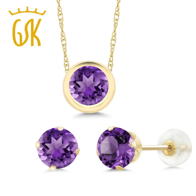 GemStoneKing 2.10 Ct Round Purple Amethyst Pendant Earrings Set 14K Yellow Gold Jewelry For Women | Украшения и аксессуары