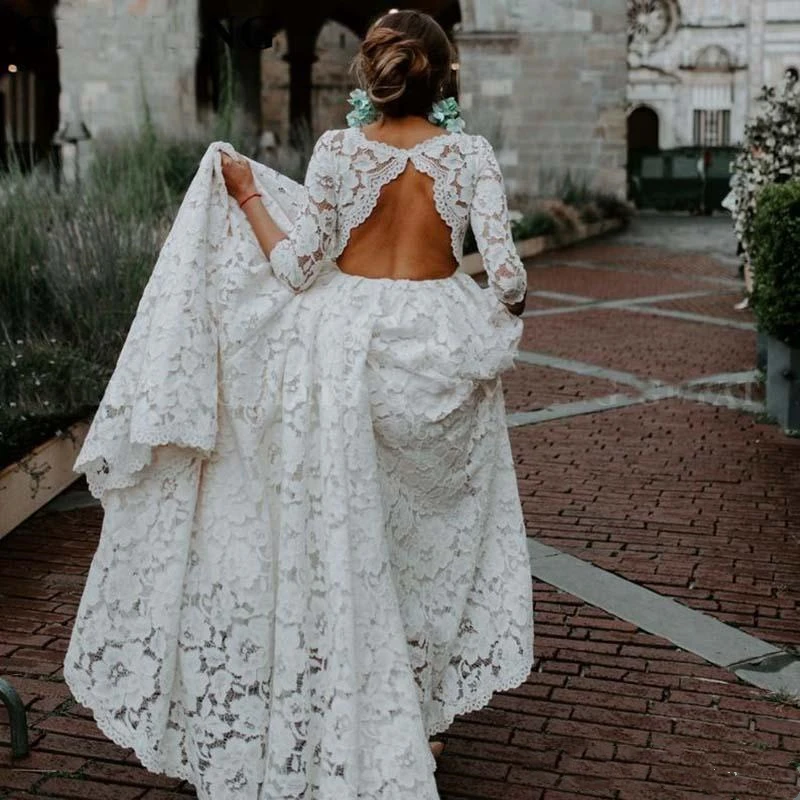 

Boho Full Lace Wedding Dresses Hollow Backless Half Sleeve Bohemian Garden Wedding Floor Length Bridal Gowns vestido de noiva