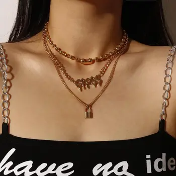 

Vintage Multi Layer Lock Pendant Choker Necklace Gold Padlock Gross Bead Chunky Chain Necklace Collier Femme Harajuku Jewelry