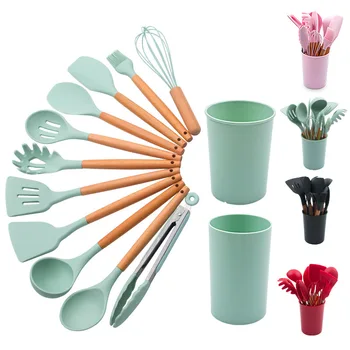 

12 PCS Silicone Cooking Utensils Tools Set Non-stick Spatula Shovel Wooden Handle Baking Kitchenware Kitchen Tool Accessories
