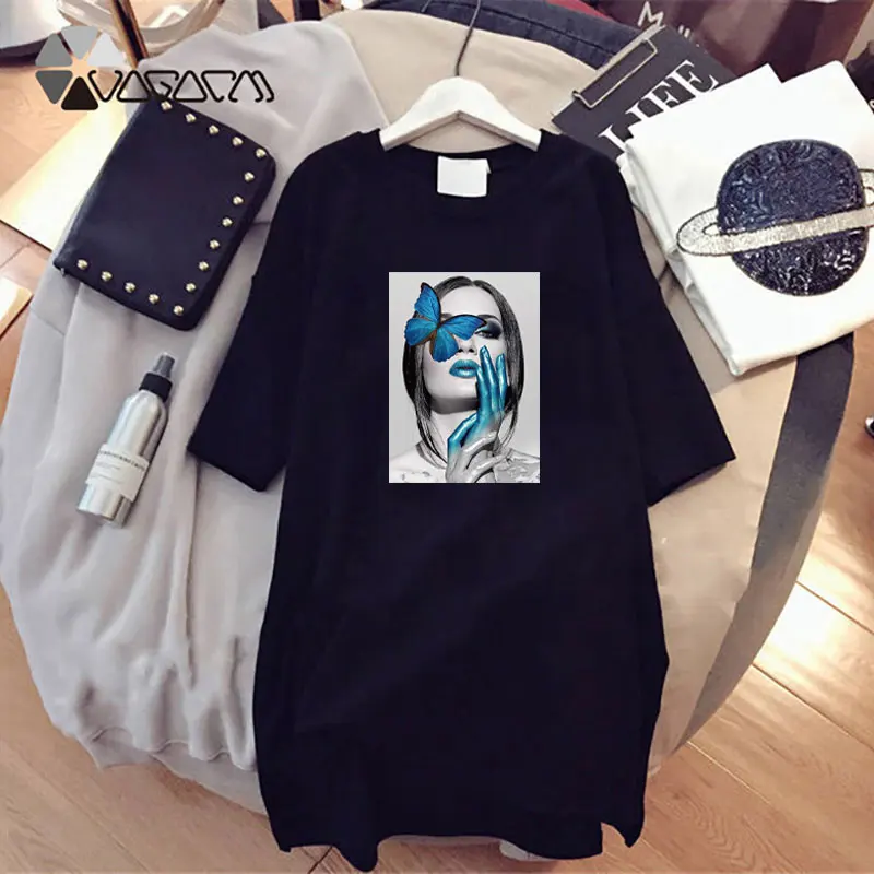 

Woman Tshirt Dress Butterfly Print Short Sleeve o Neck Casual Loose Summer Vintage Plus Size Dresses Vestido De Mujer Robes