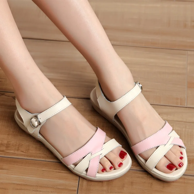 

Summer New Style Genuine Leather Flat Heel Sandals Women's Flat Pregnant Women Anti-slip Casual Students WOMEN'S Sandals