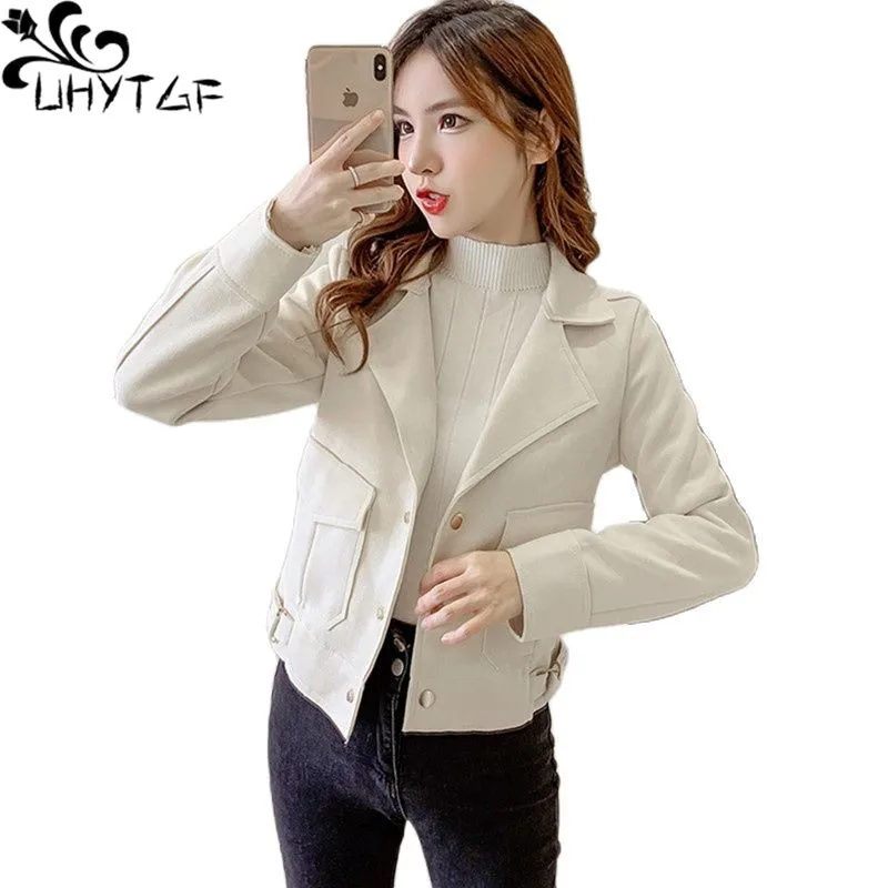 

UHYTGF Suede Autumn Coat Women's Fashion Lapel Single-Breasted Elegant Short Jacket Female Solid Wild Loose Size Outerwear 1879