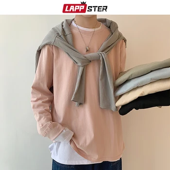 

LAPPSTER Men Graphic T Shirts Long Sleeve Cotton 2020 Mens Oversized Harajuku Beige Loose Korean Tops Male White Solid Clothing