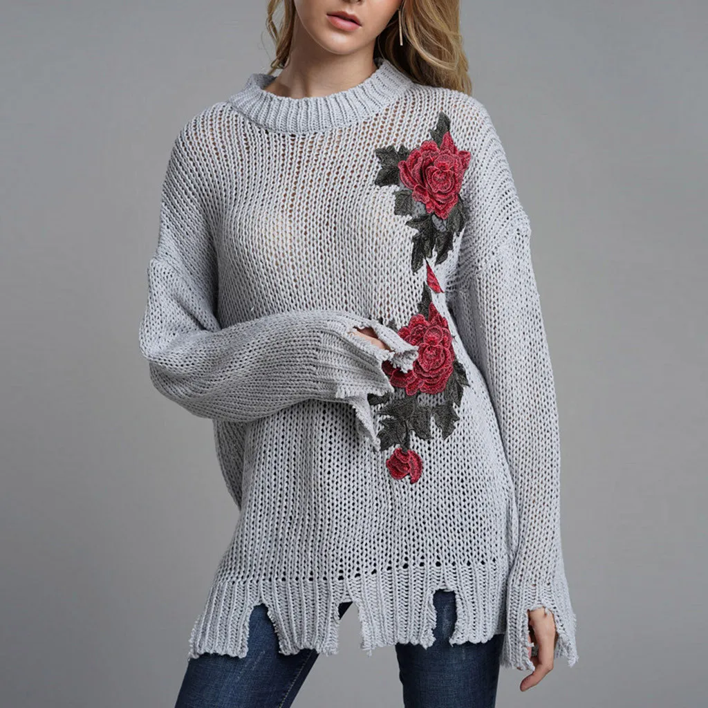 Womail sweater winter tops for women Floral Print Long Sleeve O-Neck Embroidered  sweater women women winter tops 816#2