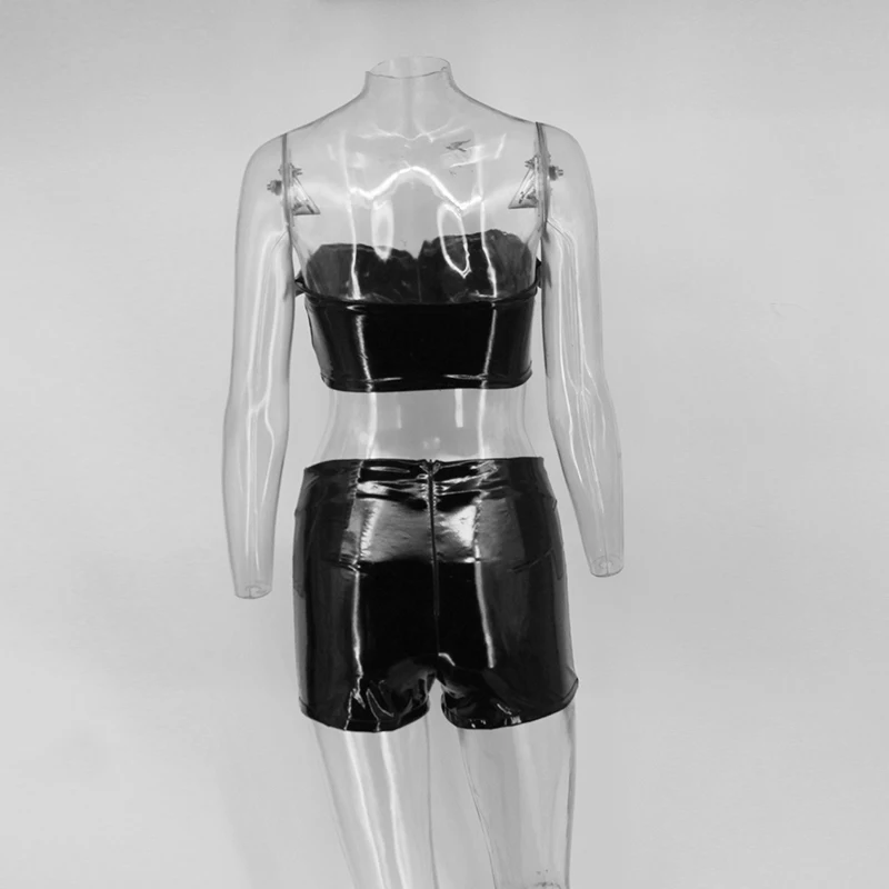 Slaygirl, сексуальный Однотонный черный комплект из двух предметов, брюки из искусственной кожи, женские осенние шорты без рукавов, Топ без бретелек и молния, комплект из 2 предметов