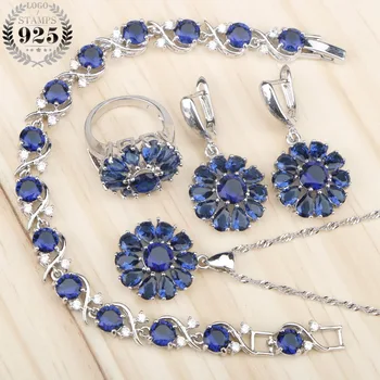 

New Blue Zircon Silver 925 Bridal Jewelry Sets Women Earrings Rings With Stones Pendant/Necklace/Bracelets Jewelery Gift Box