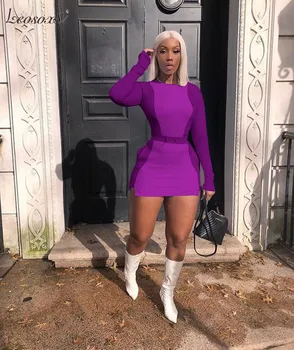 

LEOSOXS Autumn Long Sleeve Tops Patchwork Mini Skirt Set Purple Two Piece Set Sexy Skinny Women Tracksuit White Club Outfits