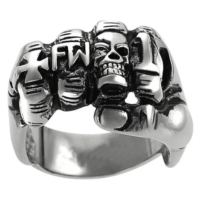 

FDLK Men's Fashion Punk Rock Zinc Alloy Biker Skull Fist FW Ring, Vintage Gothic Cross Ring US Size 7 To 15 Wholesa