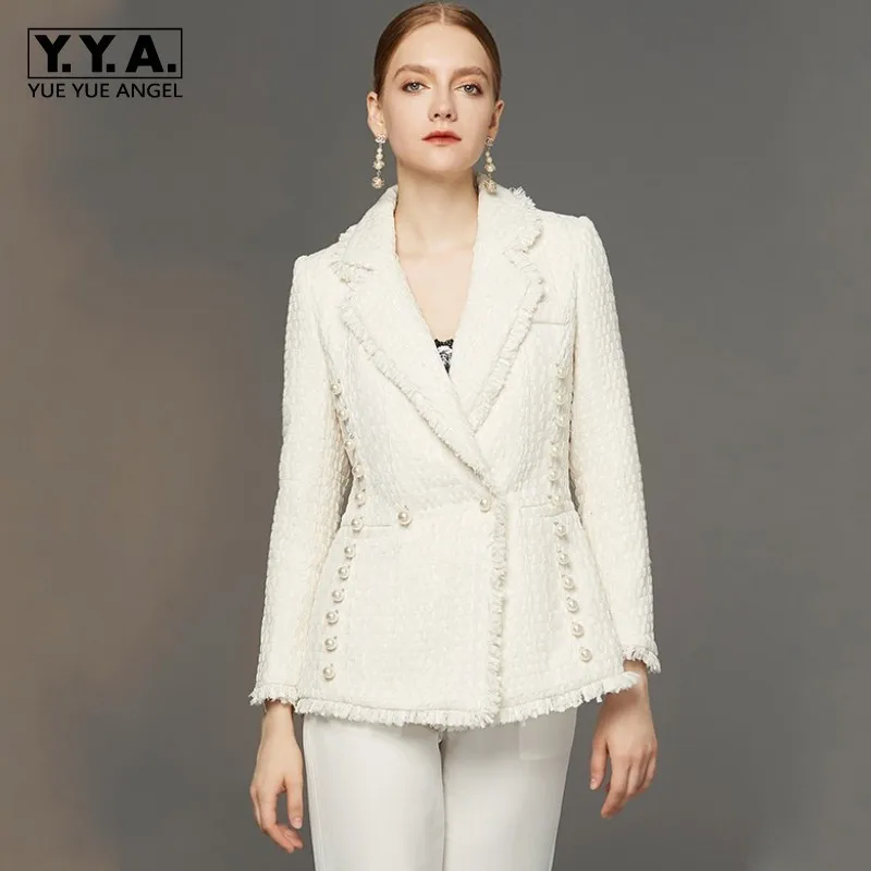 

Top Brand Autumn Women Coat Wool Spring Tweed Work Jacket Female High Quality Beading Formal Jackets For Women White Outerwear