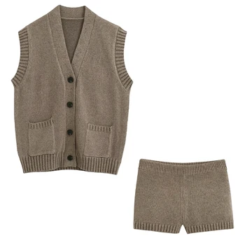 

2020 New Women Two piece set Knitted Cardigan sleeveless Vest Top & Knitted Mini Shorts Elastic Stretched ensemble femme