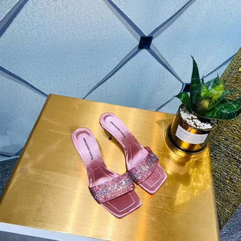 

EMMA KING 2020 Sexy PU Square Head Peep Toe High Heel Flip Flop Womens Bling Letter Pattern Slippers Outdoor Women Mules slipper
